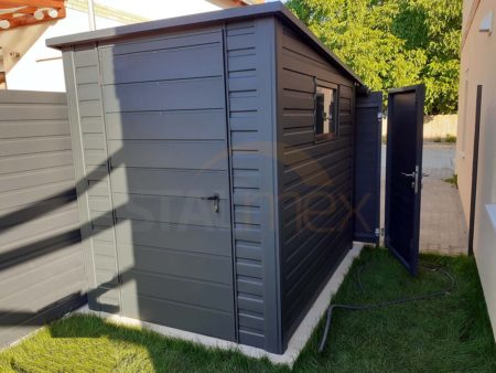 Domek ogrodowy w kolorze 1,5×2×2,10 – BTX 7016 grafit MAT, spad dachu do tyłu, okno PCV