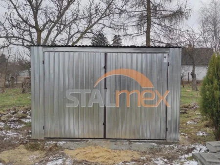Garaż blaszany ocynkowany 3,5×6×2,18 - spad dachu do tyłu, brama dwuskrzydłowa