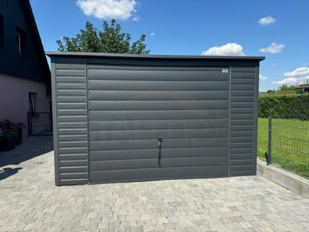 Garaż blaszany 4×6×2,38 - BTX 7016 grafit MAT, spad dachu do tyłu, brama uchylna, furtka