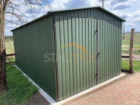 Garaż blaszany 3×5×2,5 - RAL 6020 ciemna zieleń MAT, dach dwuspadowy, brama dwuskrzydłowa