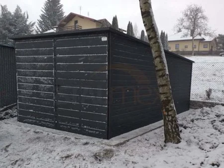 Garaż blaszany 3×5×2,10 - BTX 7016 grafit MAT, spad dachu do tyłu, brama dwuskrzydłowa