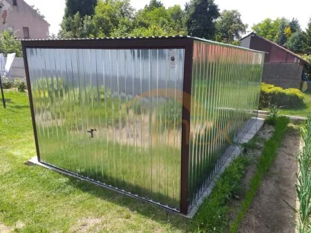 Garaż blaszany 3×5×2,1 - ocynk, spad dachu do tyłu, brama uchylna