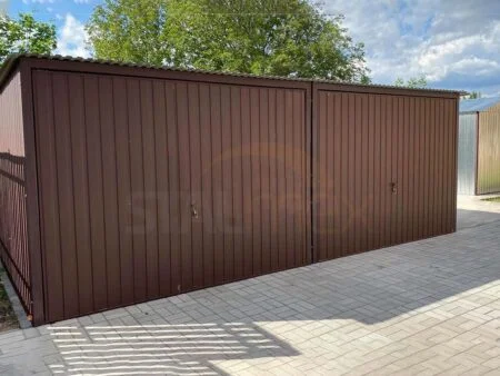 Garaż blaszany 6×5×2,1 - BTX 8017 brąz MAT, spad dachu do tyłu, bramy uchylne