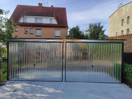 Garaż blaszany 6×6×2,18 - ocynk, spad dachu do tyłu, bramy uchylne