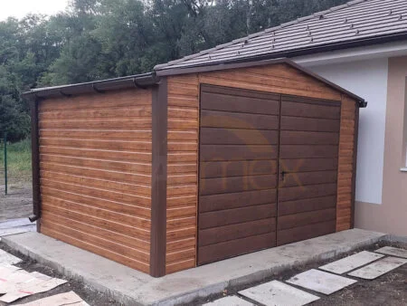 Domek narzędziowy drewnopodobny 4×2,5×2,50 – złoty dąb, dach dwuspadowy, drzwi dwuskrzydłowe, rynny