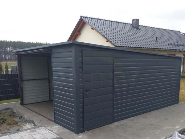 Garaż blaszany w kolorze 4×5×2,1- BTX 7016 grafit mat, spad dachu do tyłu, brama uchylna, furtka - obrazek 2